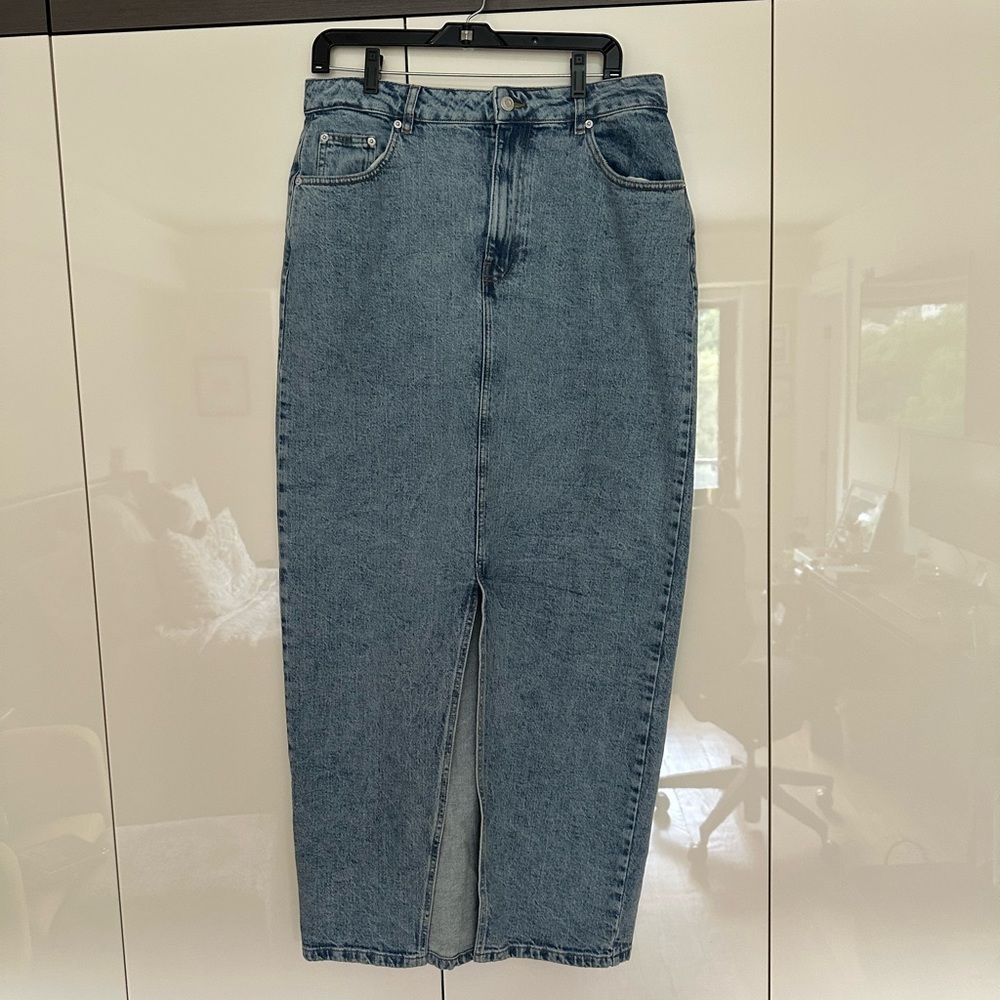 ASOS DESIGN Tall denim midi skirt with split hem in midwash